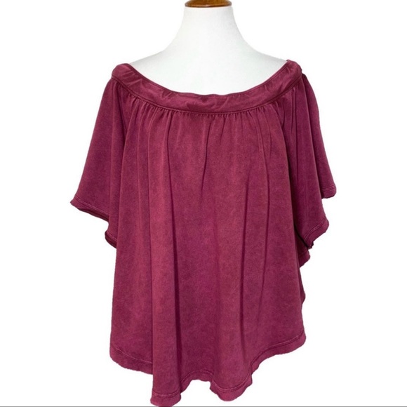 Free People Wine Draped Off The Shoulder Butterfly Sleeve Relaxed Fit Knit Top - Picture 2 of 9